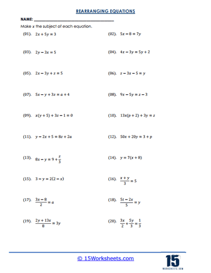 Rearranging Equations Worksheets