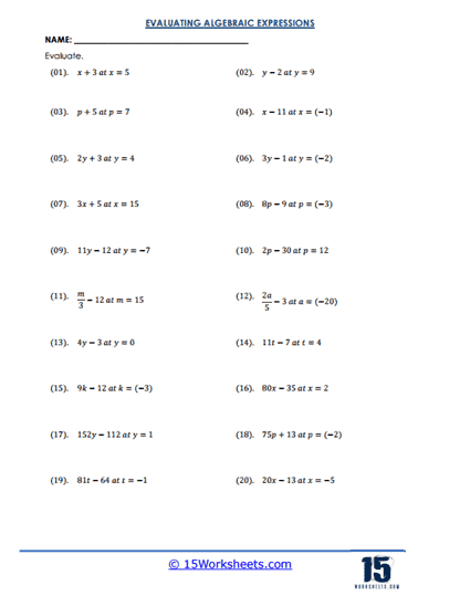 Evaluating Algebraic Expressions Worksheets