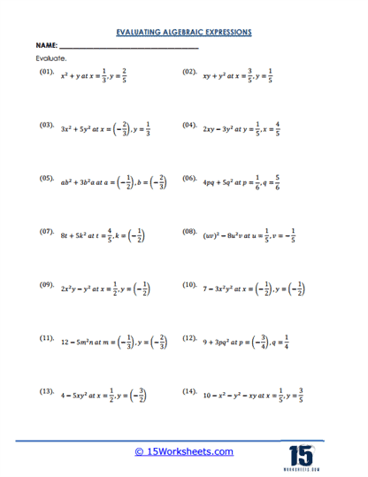 Fraction Function Worksheet