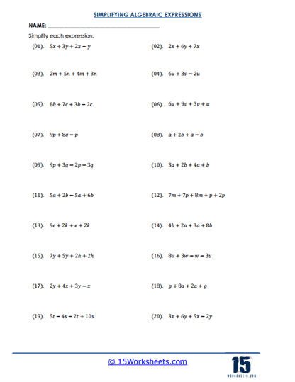 Simplifying Algebraic Expressions Worksheets