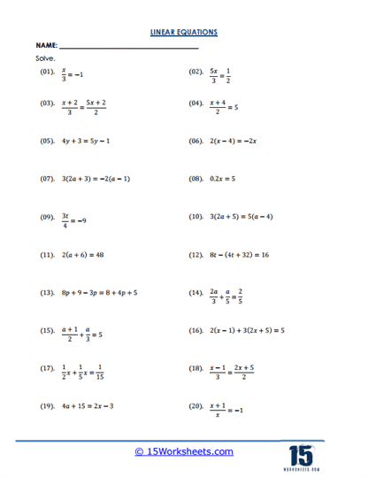Linear Equation Worksheets