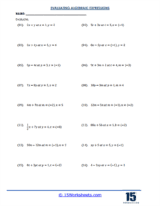 Evaluating Algebraic Expressions Worksheets - 15 Worksheets.com