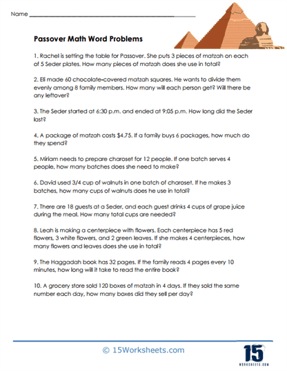 Passover Problems Worksheet