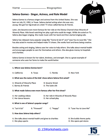 Selena Gomez Biography Worksheet
