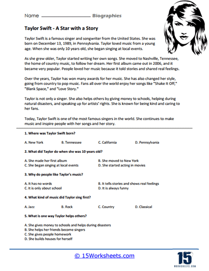 Taylor Swift Biography Worksheet