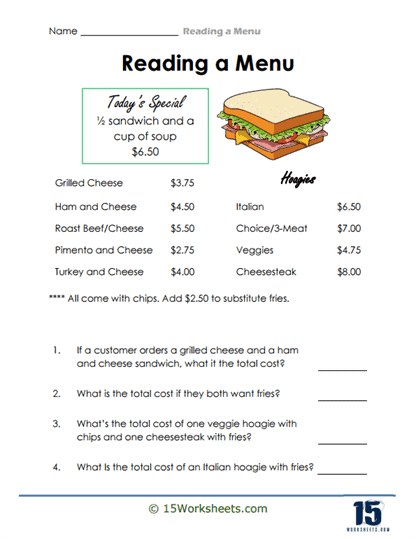 Menu Math Worksheet