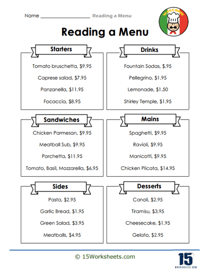 Tasty Table Worksheet