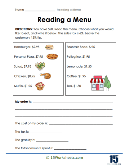 Menu Math Worksheet