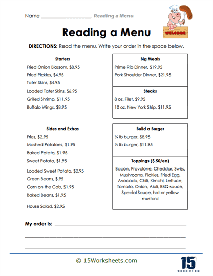 Diner Decisions Worksheet
