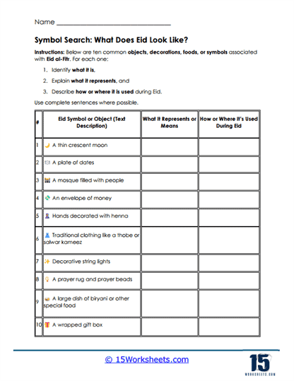 Eid Icons Worksheet