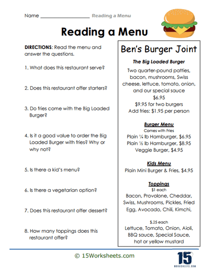 Burger Breakdown Worksheet