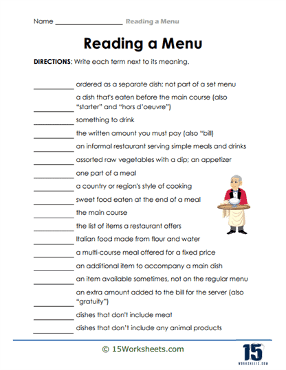 Menu Matchup Worksheet