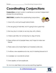 Coordinating Conjunctions Worksheets | Connective Words - 15 Worksheets.com