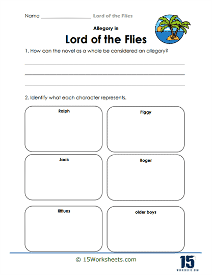 Lord of the Flies allegory worksheet for reading comprehension and character analysis.