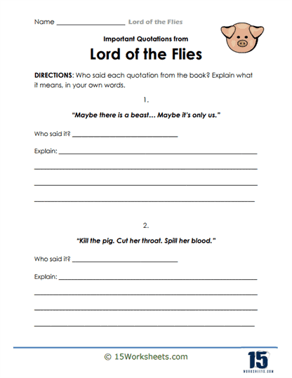 Lord of the Flies quote worksheet for reading comprehension and language skills.