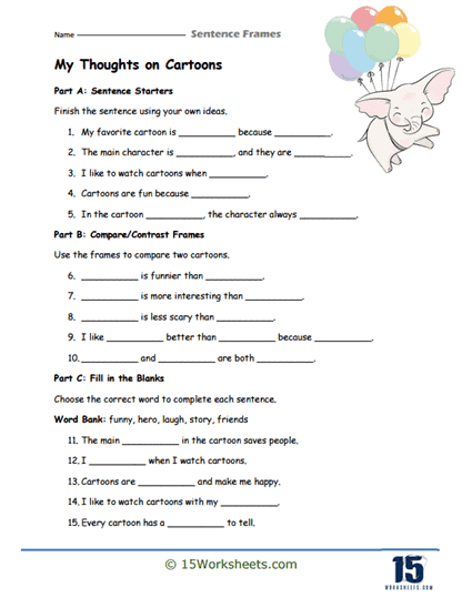 Cartoon Thoughts Worksheet