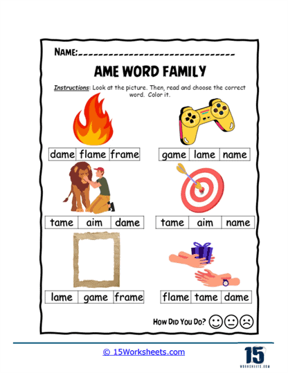 -ame Word Family Worksheets