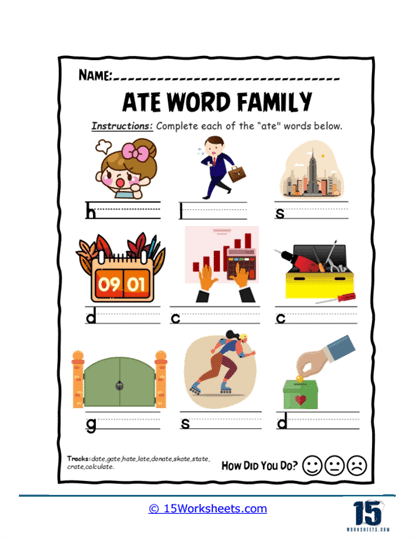 Ate Word Family Worksheets