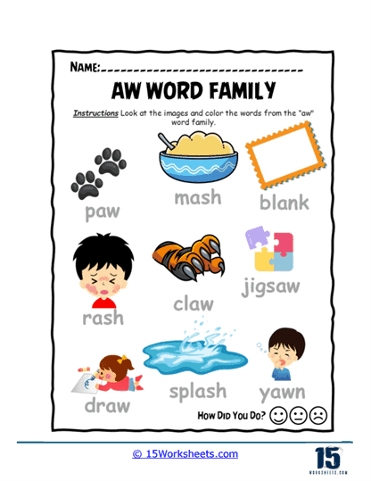Color and Learn "-aw" Words Worksheet