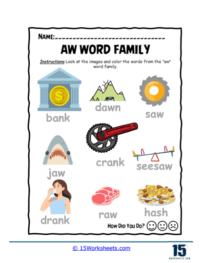 Spot the "-aw" Family Words Worksheet