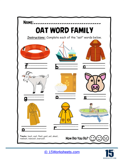 Oat Word Family Worksheets