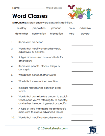Word Class Vocabulary Worksheet Collection