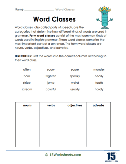 Parts to Sort Worksheet