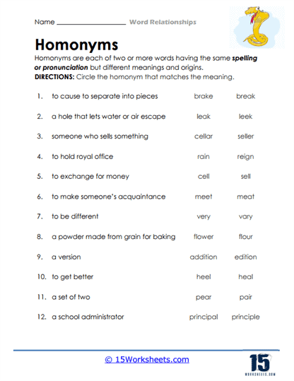 Homonym Match Worksheet