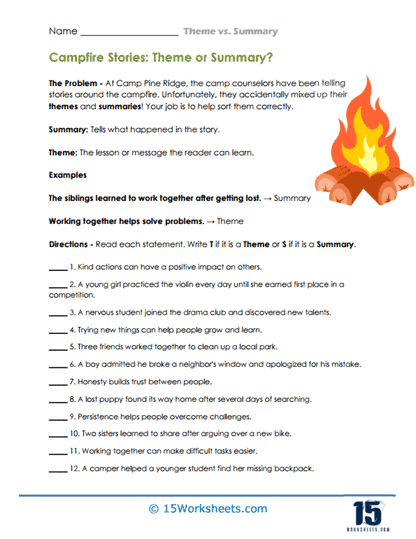Theme vs. Summary Worksheets