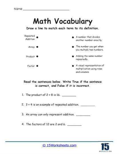 Multiplication Vocabulary Worksheet