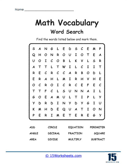 Math Word Search Worksheet