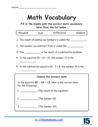 Operation Word Bank Worksheet