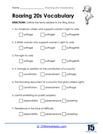 Suffrage and Reform Terms Worksheet