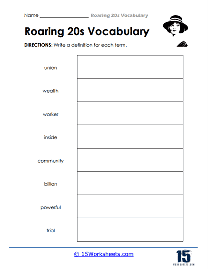 Defining Roaring Twenties Terms Worksheet