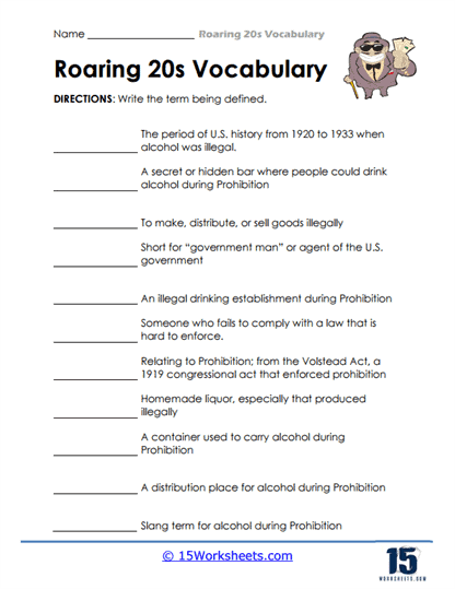 Prohibition Terms Worksheet