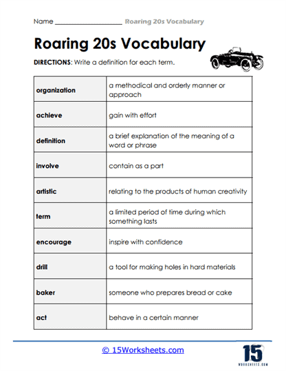 Everyday Roaring Twenties Worksheet