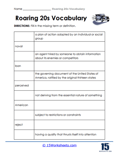 Definitions Review Worksheet