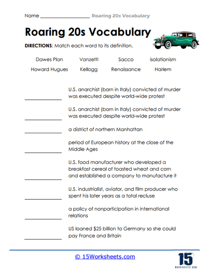 Roaring 20s Vocabulary Worksheets