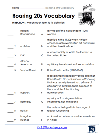 Landmark Terms of the 1920s Worksheet