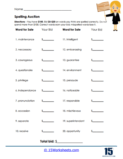 Word Bidding Worksheet