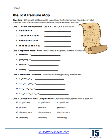 Treasure Clues Worksheet