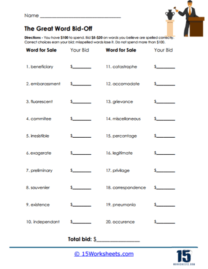 Word Bidding Worksheet
