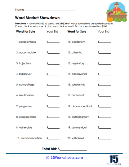 Market Bids Worksheet