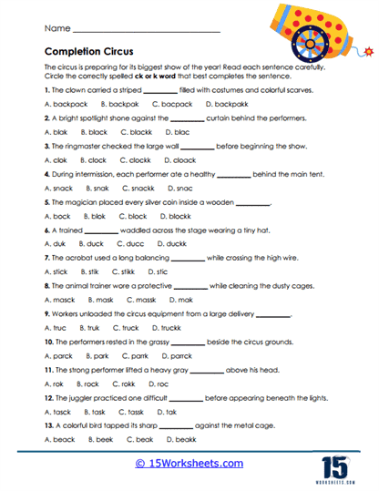 Circus Completion Worksheet