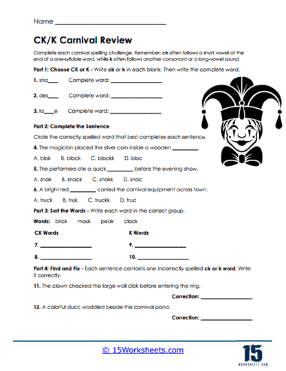 CK or K Spelling Words Worksheets