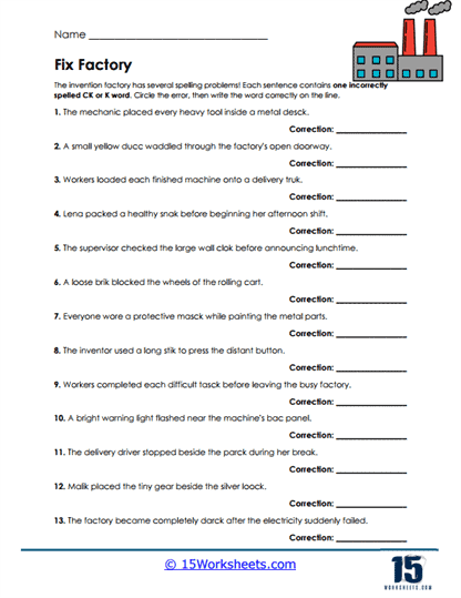 Factory Fixes Worksheet