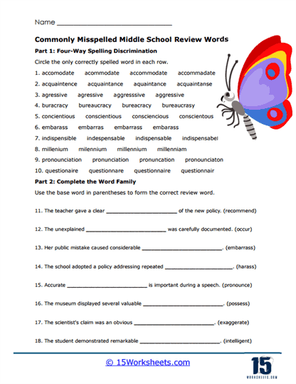 Commonly Misspelled Words Worksheets