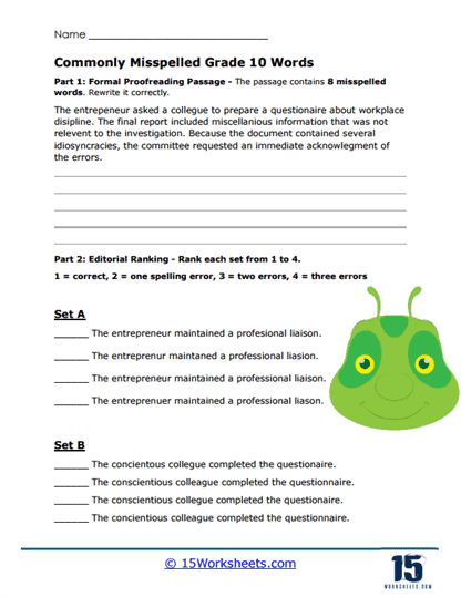 Tenth Editing Worksheet