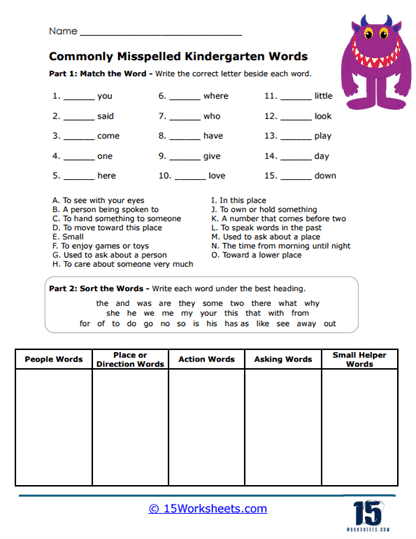 Kindergarten Sort Worksheet