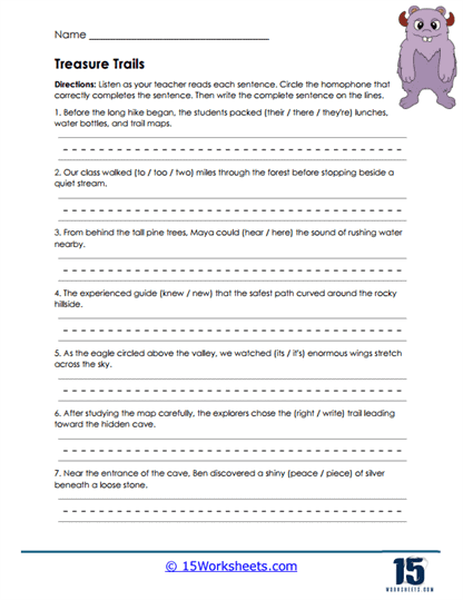 Treasure Homophones Worksheet